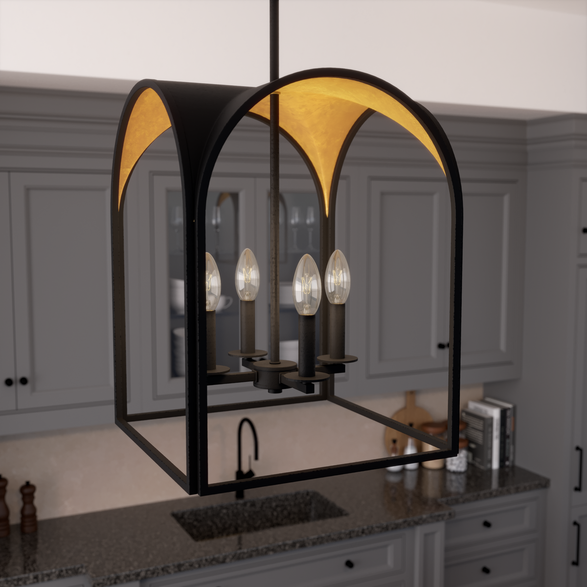 Dukestown 15-inch 4-light Natural Black Iron and Gold Leaf Lantern Pendant
