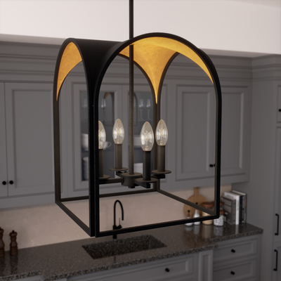 Dukestown 15-inch 4-light Natural Black Iron and Gold Leaf Lantern Pendant