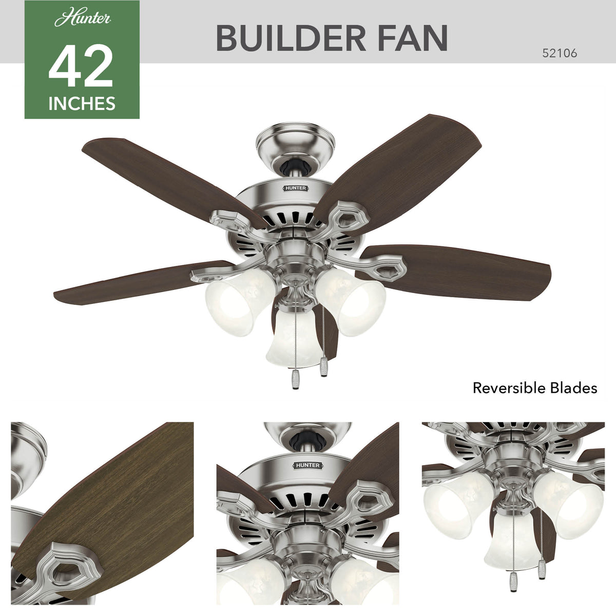42 inch Builder Brushed Nickel Ceiling Fan with LED Light Kit