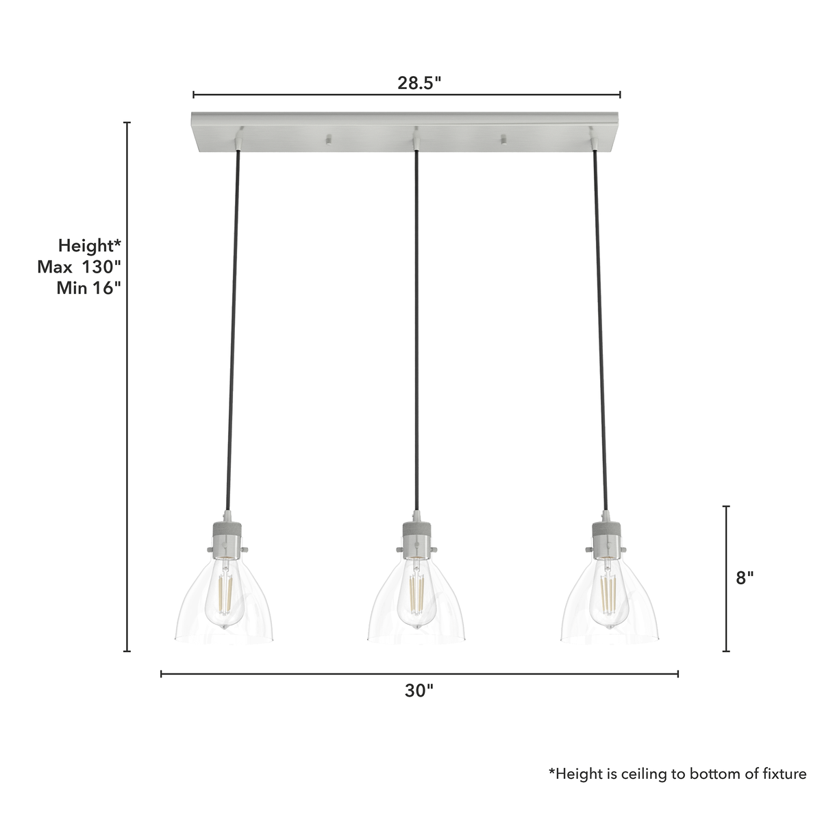 Van Nuys 30-inch 3-light Brushed Nickel Linear Pendant Cluster with Clear Glass