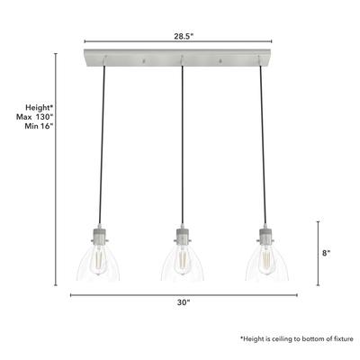 Van Nuys 30-inch 3-light Brushed Nickel Linear Pendant Cluster with Clear Glass