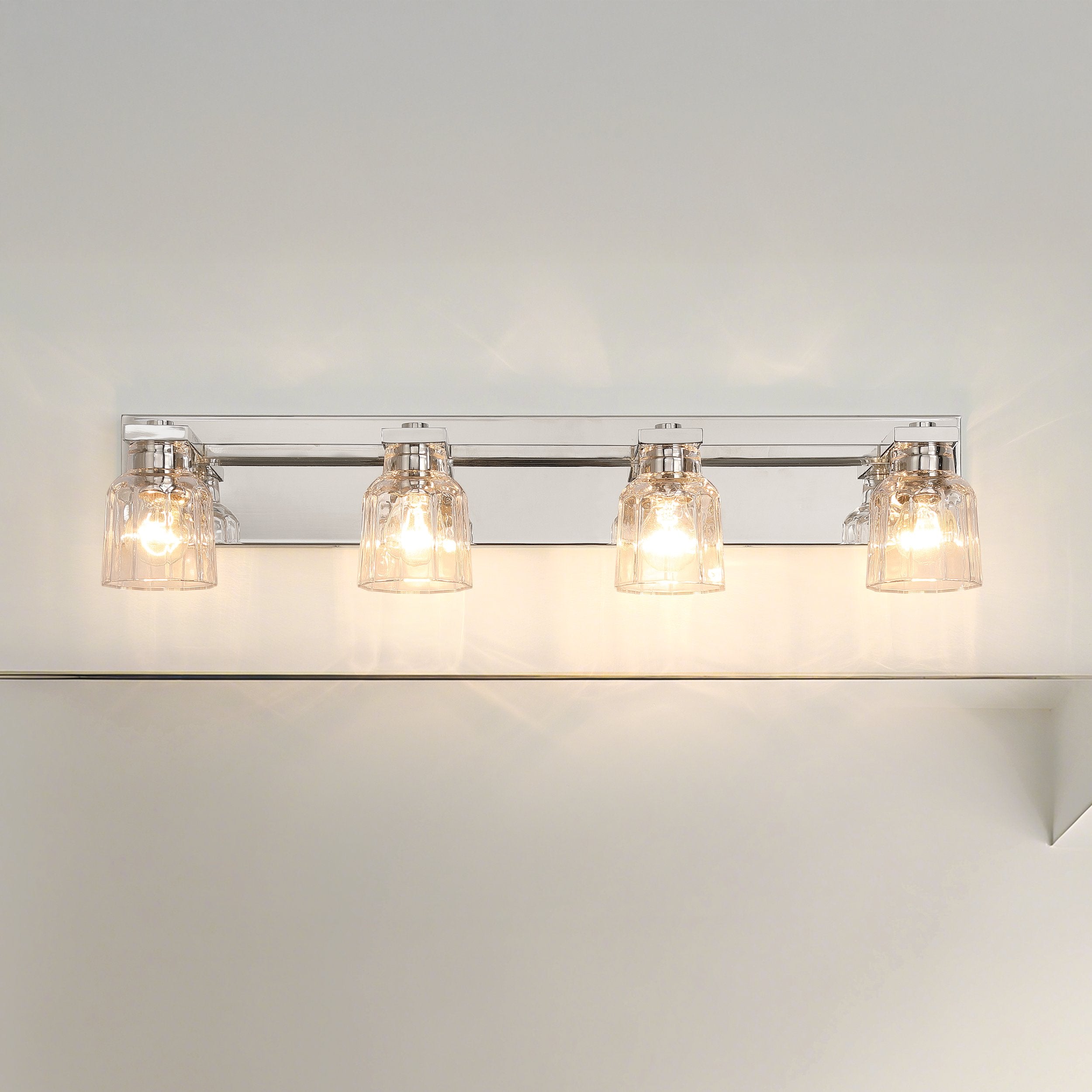 Dryden 32-inch 4-light Polished Nickel Vanity Light with Clear Ribbed Glass Shades