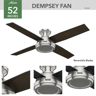 52 inch Dempsey Brushed Nickel Low Profile Ceiling Fan and Handheld Remote