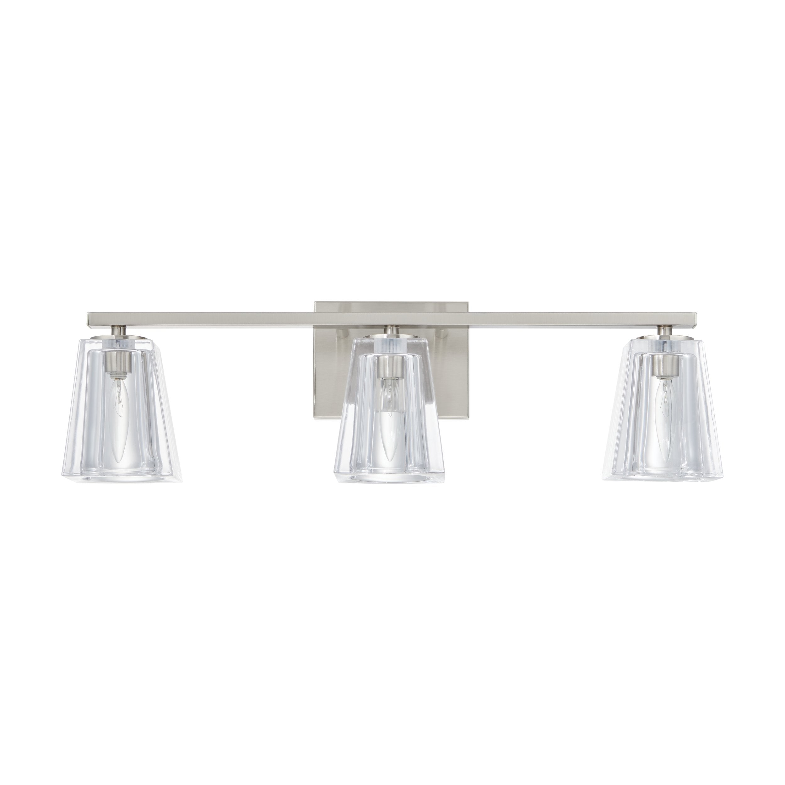 Valentin 24-inch 3-light Brushed Nickel Vanity Light with Clear Pressed Glass Shades