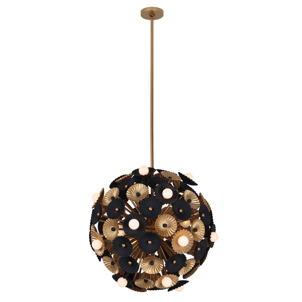 29'' Damask 6 Light Matte Black w/ Vintage Brass Pendant