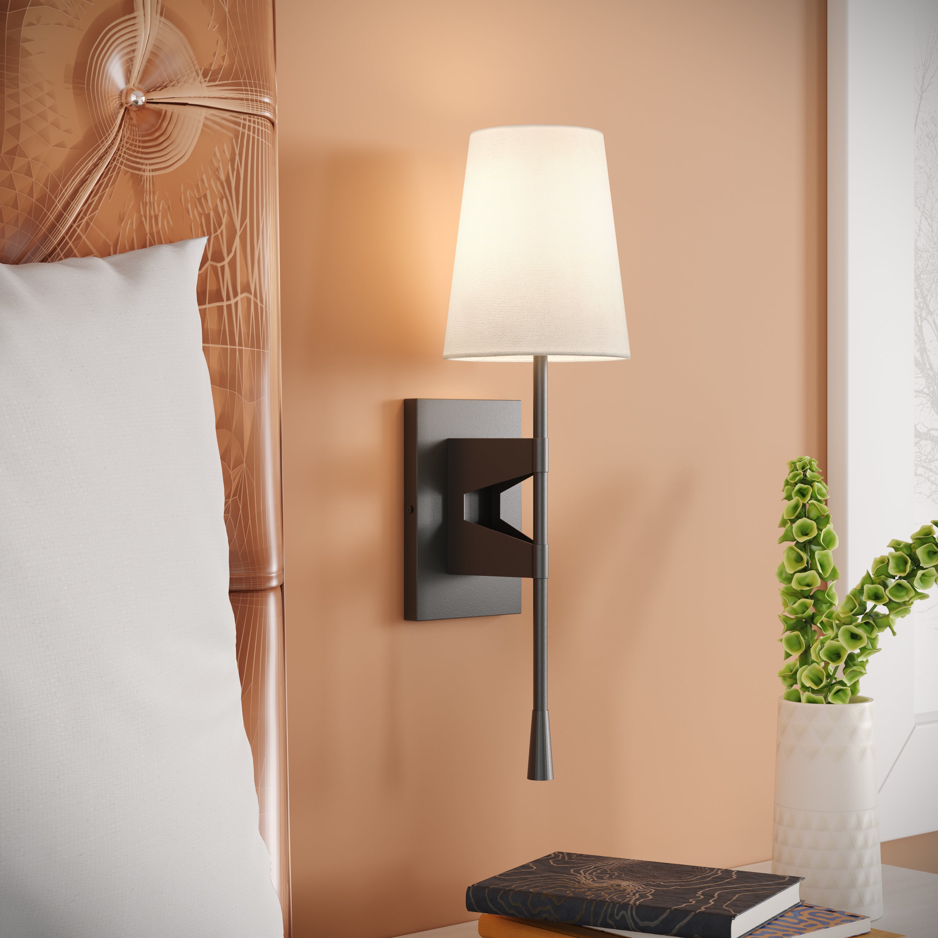 19.5-inch Matte Black 1-Light Linen Fabric Shade Wall Sconce