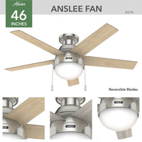 46 inch Anslee Brushed Nickel Low Profile Ceiling Fan with LED Light Kit and Pull Chain
