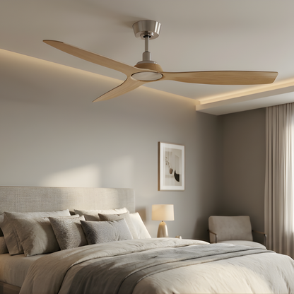 52 Inch Indoor Outdoor DC Brushed Nickel Fan with Teak Blades