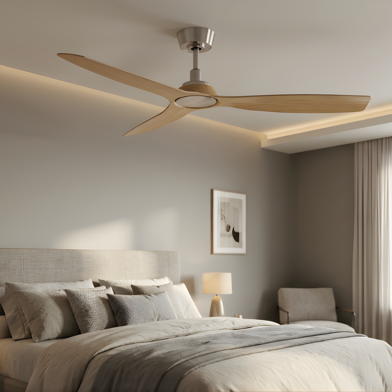 52 Inch Indoor Outdoor DC Brushed Nickel Fan with Teak Blades