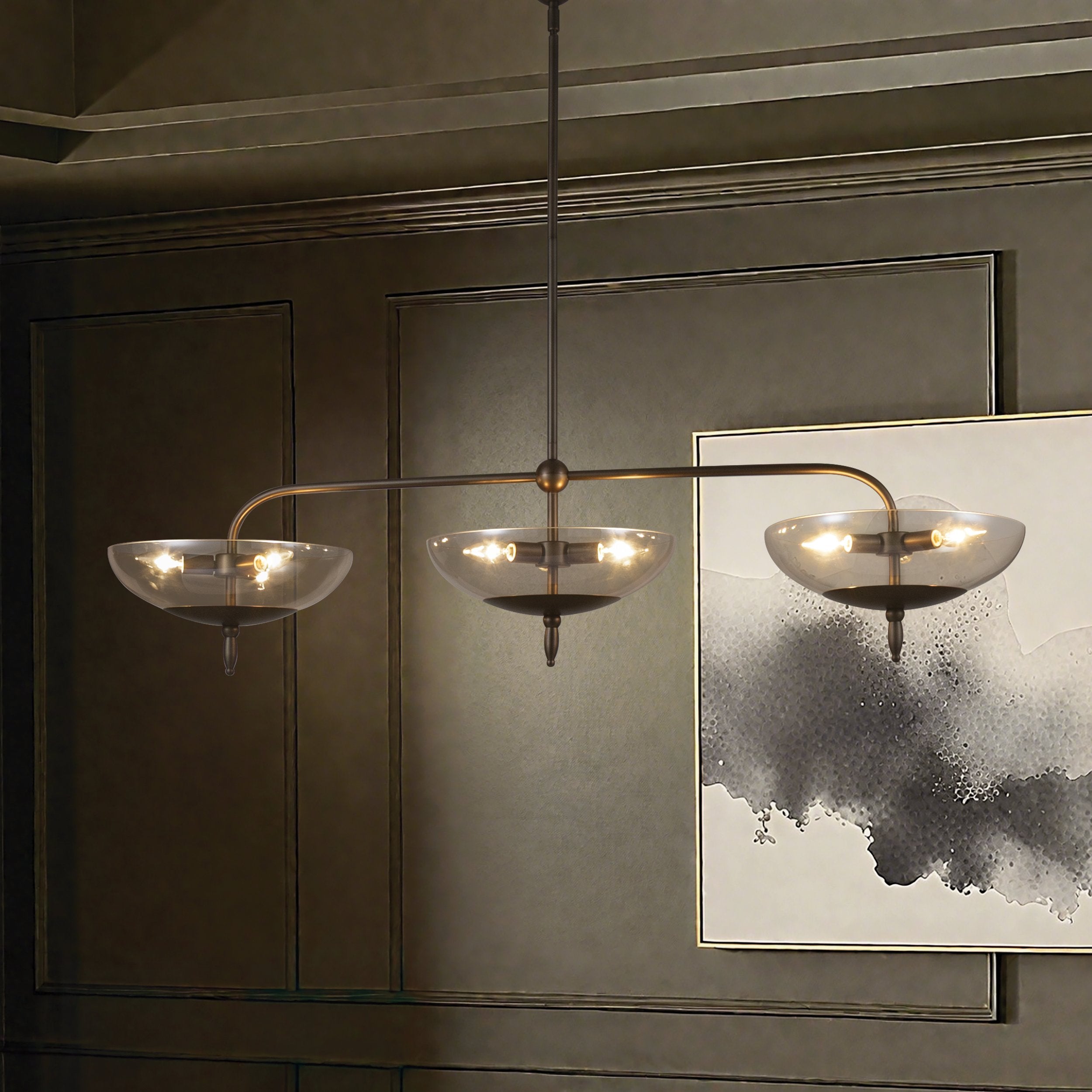 Fiorello 54-inch 9-light Forged Bronze Linear Chandelier with Smoked Amber Glass Shades