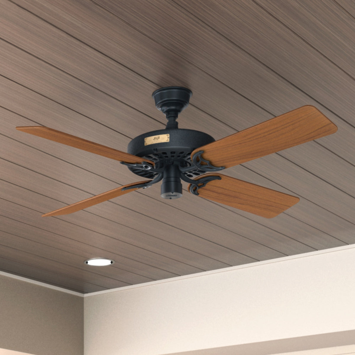 52 inch Original Matte Black Damp Rated Ceiling Fan and Pull Chain