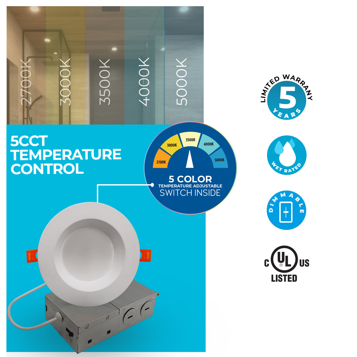 4-inch White Round - Smooth Trim - Regressed 12W Dimmable LED J-Box Recessed Downlight, 5 CCT - 27/30/35/40/50K, 1100 Lumens