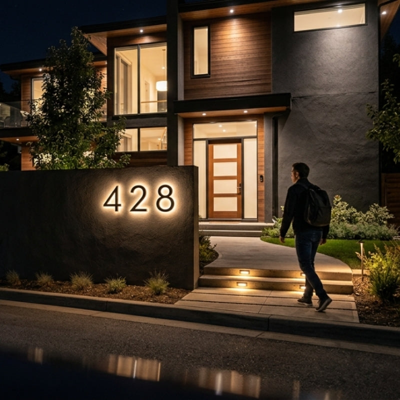 Illuminated house numbers lighting a home entrance at night