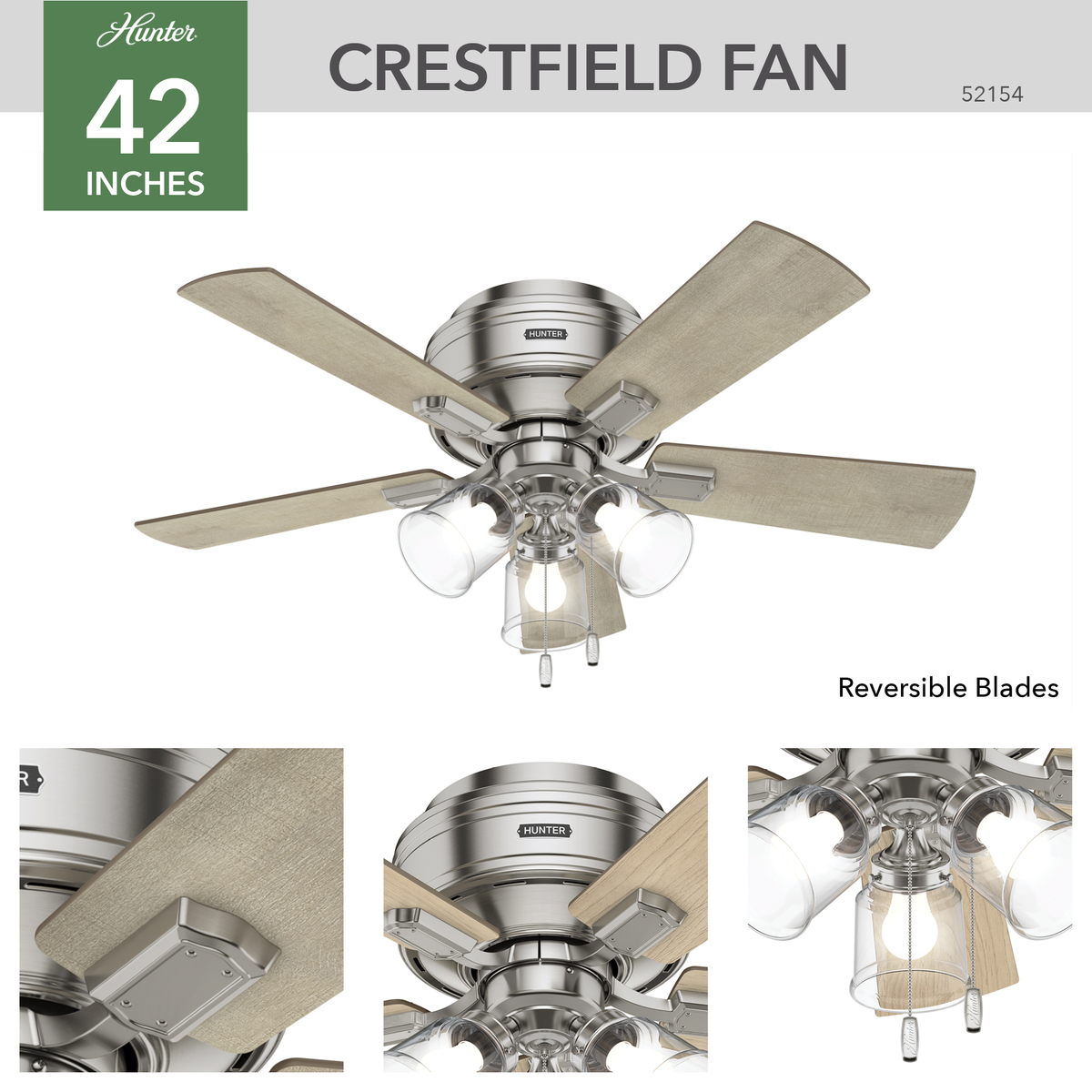 42 inch Crestfield Brushed Nickel Low Profile Ceiling Fan with LED Light Kit and Pull Chain