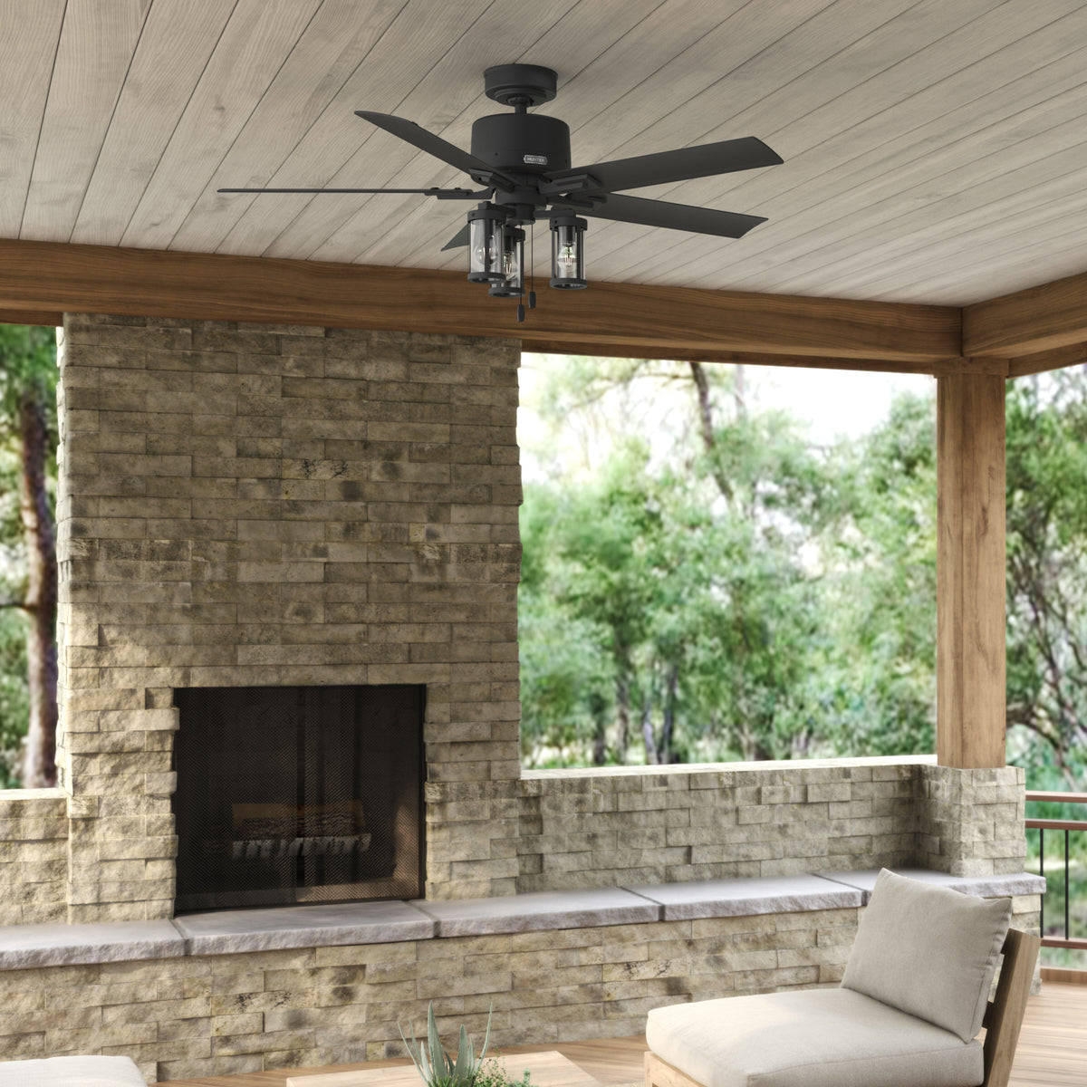52 inch Lawndale Matte Black Damp Rated Ceiling Fan with LED Light Kit and Pull Chain