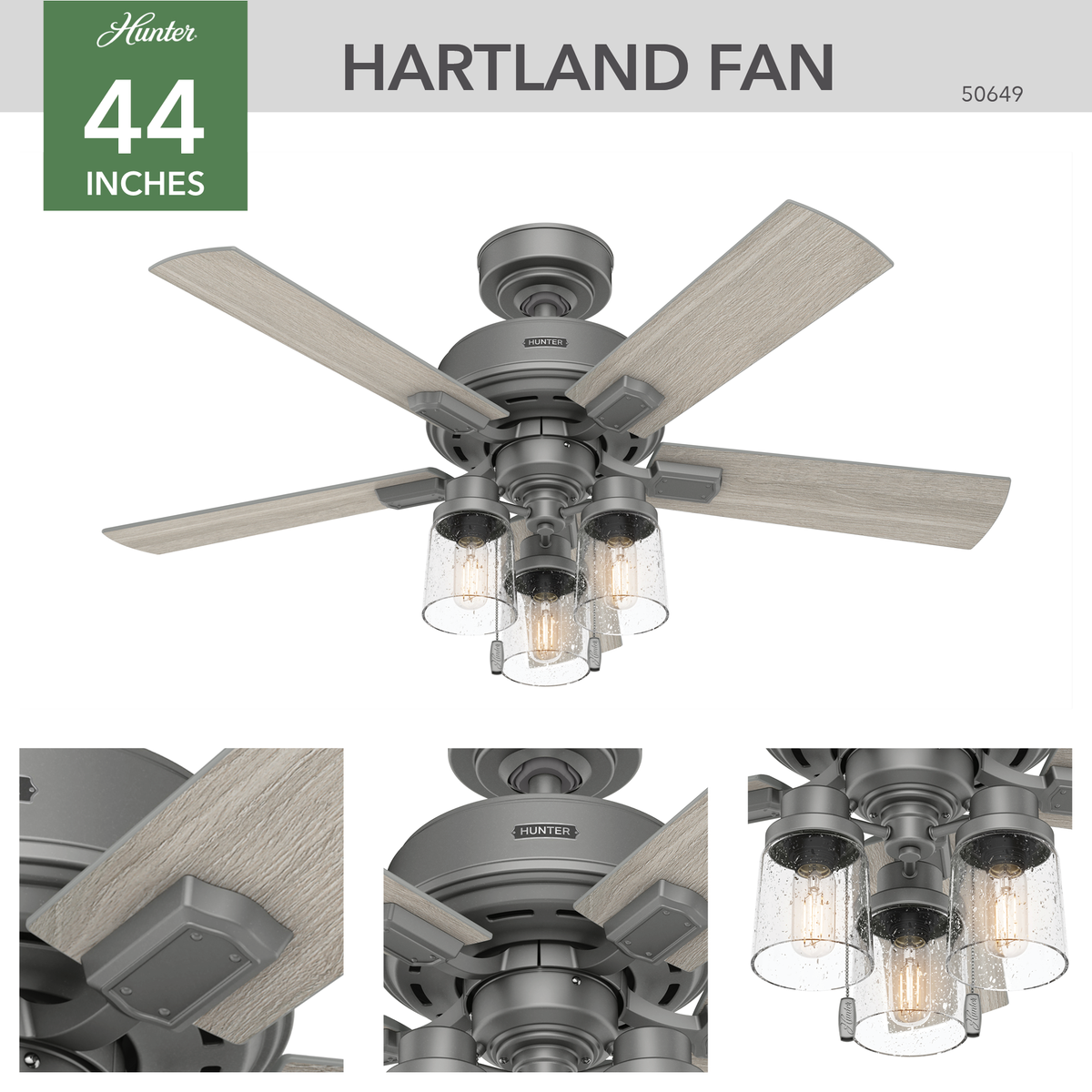 44 inch Hartland Matte Silver Ceiling Fan with LED Light Kit and Pull Chain