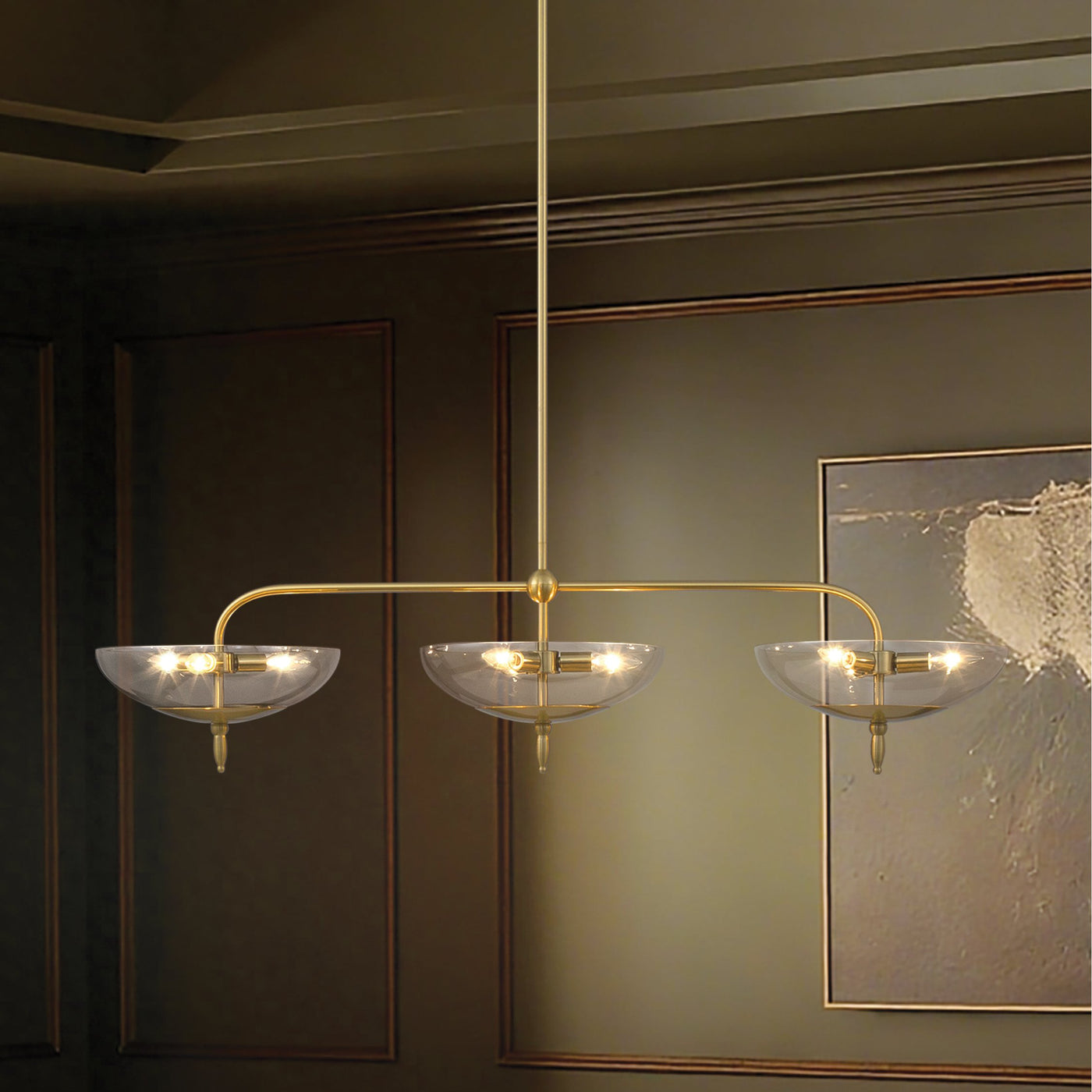 Fiorello 54-inch 9-light Brushed Gold Linear Chandelier with Smoked Amber Glass Shades