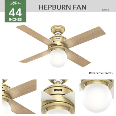 44 inch Hepburn Modern Brass Ceiling Fan with LED Light Kit and Wall Control