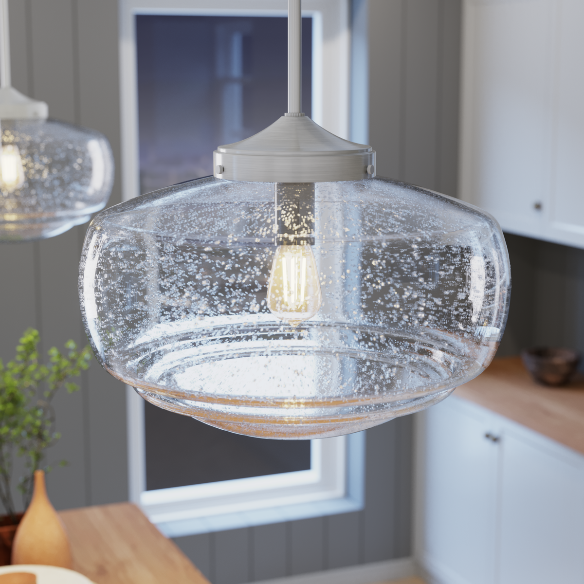 Saddle Creek 16-inch 1-light Brushed Nickel Schoolhouse Pendant with Seeded Glass