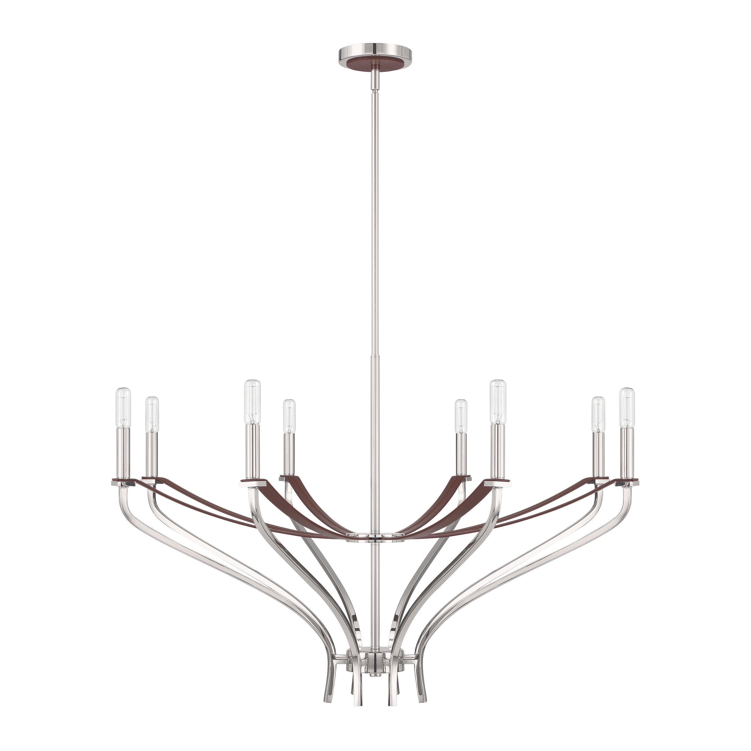 Sussex 36-inch 8-light Polished Nickel and Dark Brown Faux Leather Chandelier