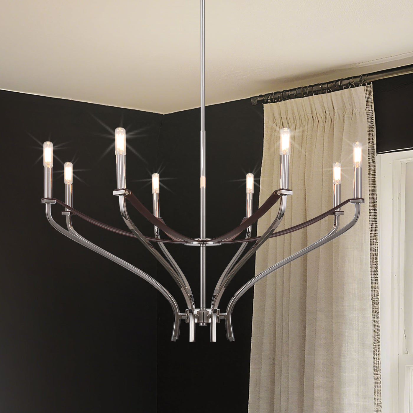 Sussex 36-inch 8-light Polished Nickel and Dark Brown Faux Leather Chandelier