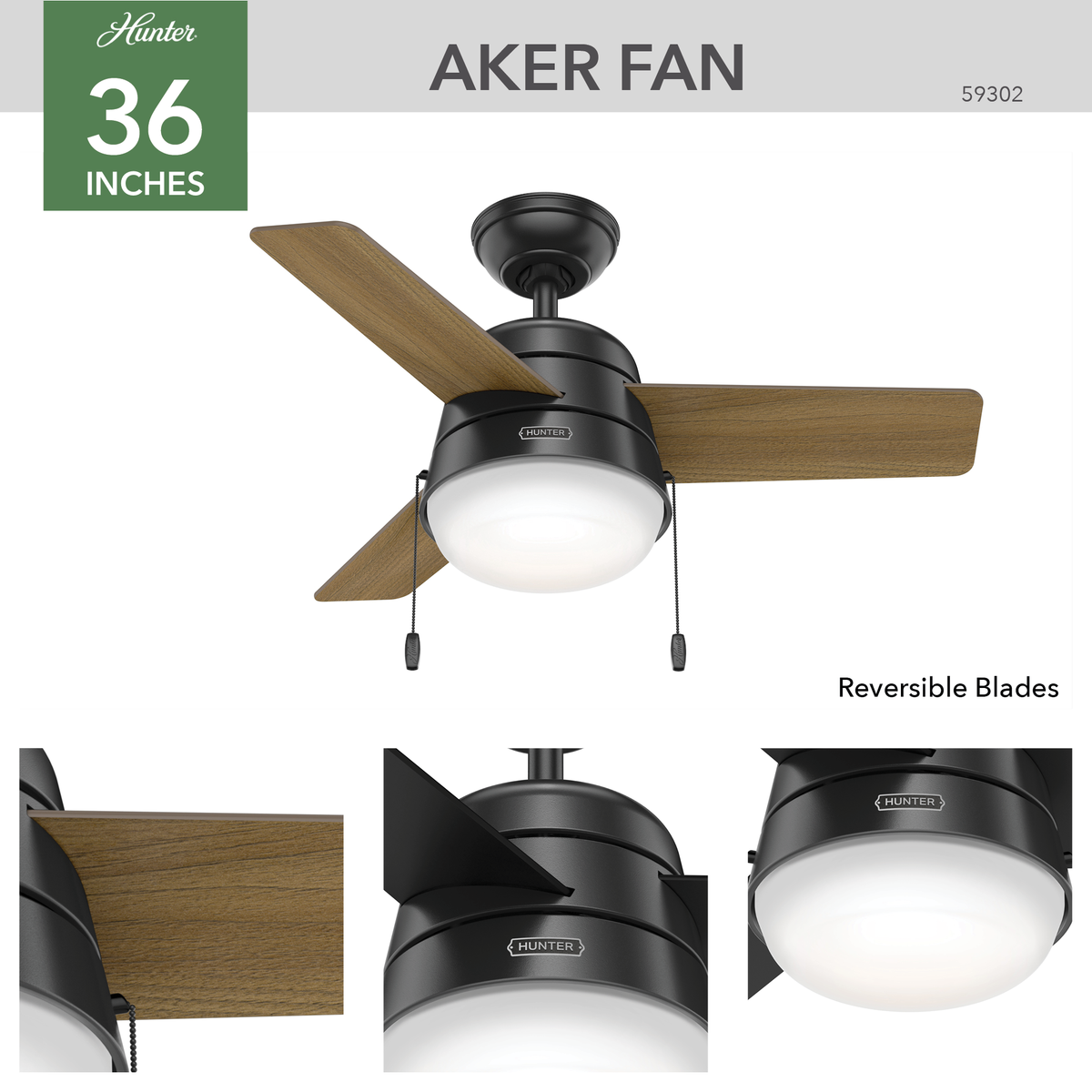 36 inch Aker Matte Black Ceiling Fan with LED Light Kit and Pull Chain