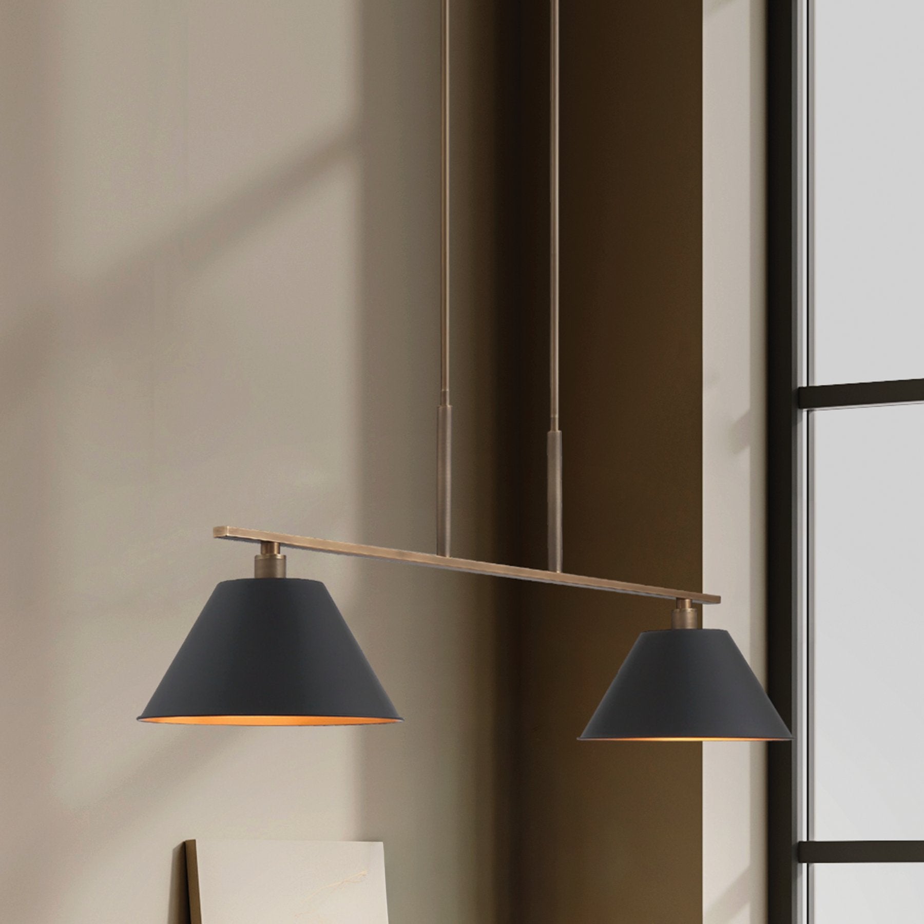 Mcgill 60-inch 2-light Natural Brass Linear Chandelier with Matte Black and Gold Metal Shades