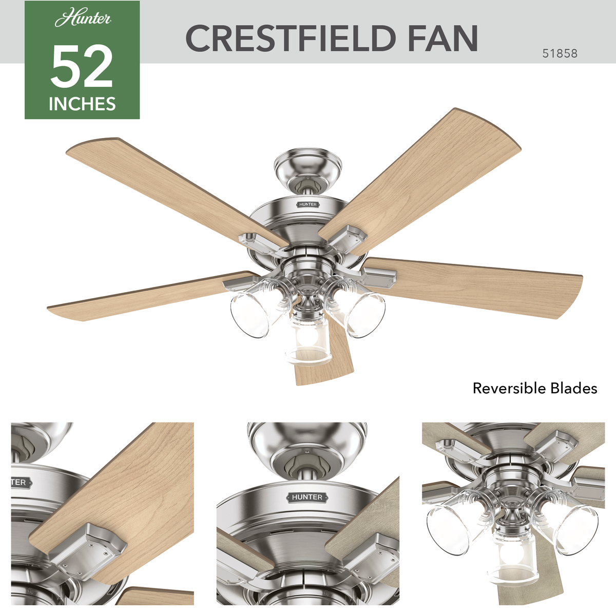 52 inch Crestfield Brushed Nickel Ceiling Fan with LED Light Kit and Handheld Remote