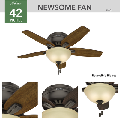 42 inch Newsome Premier Bronze Low Profile Ceiling Fan with LED Light Kit and Pull Chain