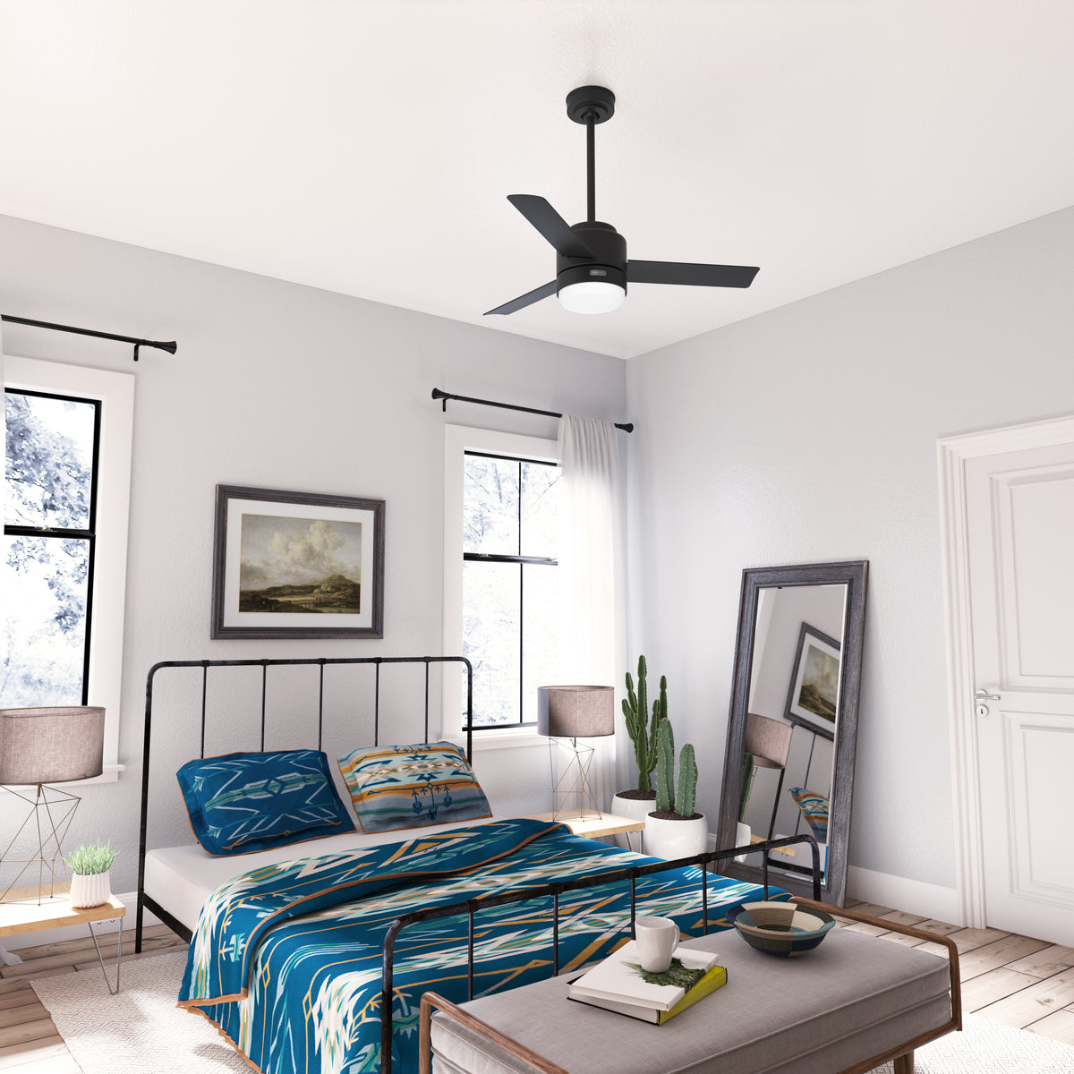 44 inch Gilmour Matte Black Damp Rated Ceiling Fan with LED Light Kit and Handheld Remote