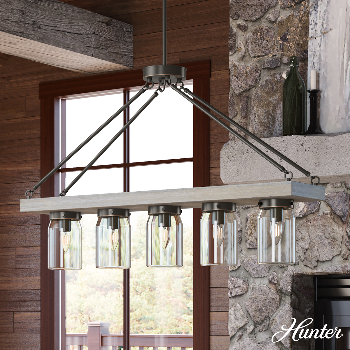 Devon Park 38-inch 5-light Onyx Bengal and Barnwood Linear Chandelier with Clear Glass