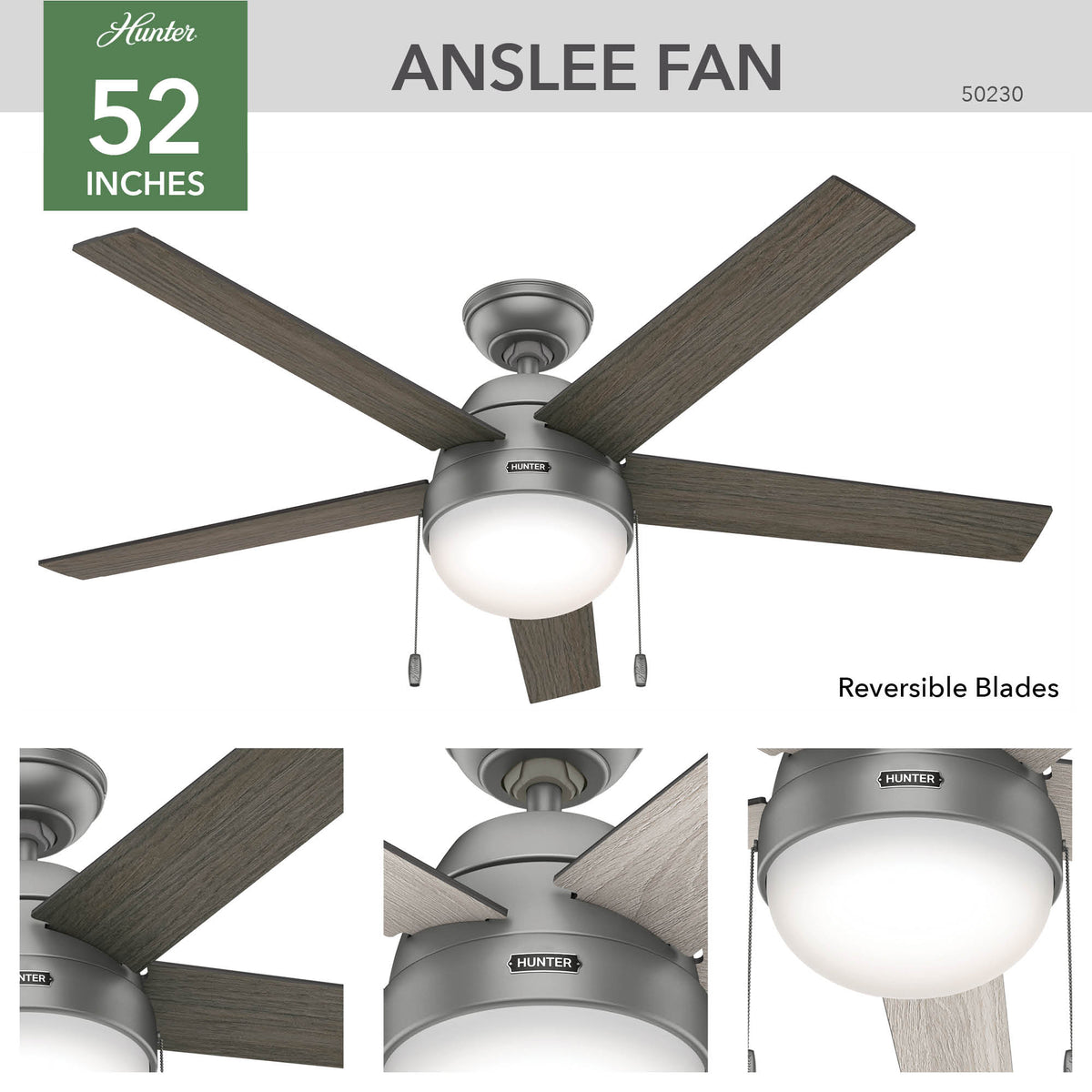 52 inch Anslee Matte Silver Ceiling Fan with LED Light Kit and Pull Chain
