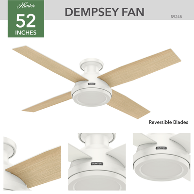 52 inch Dempsey Fresh White Low Profile Ceiling Fan and Handheld Remote
