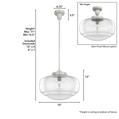 Saddle Creek 16-inch 1-light Brushed Nickel Schoolhouse Pendant with Seeded Glass
