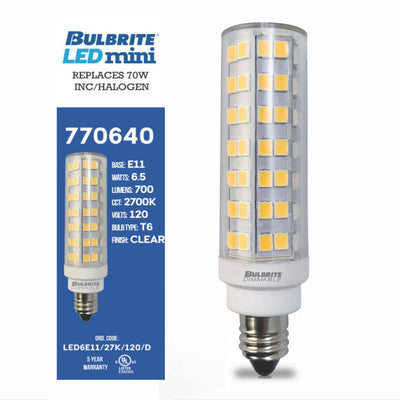 T6 6.5W Dimmable Clear LED Light Bulb with E11 Base, 2700K, 700 Lumens, 2-Pack