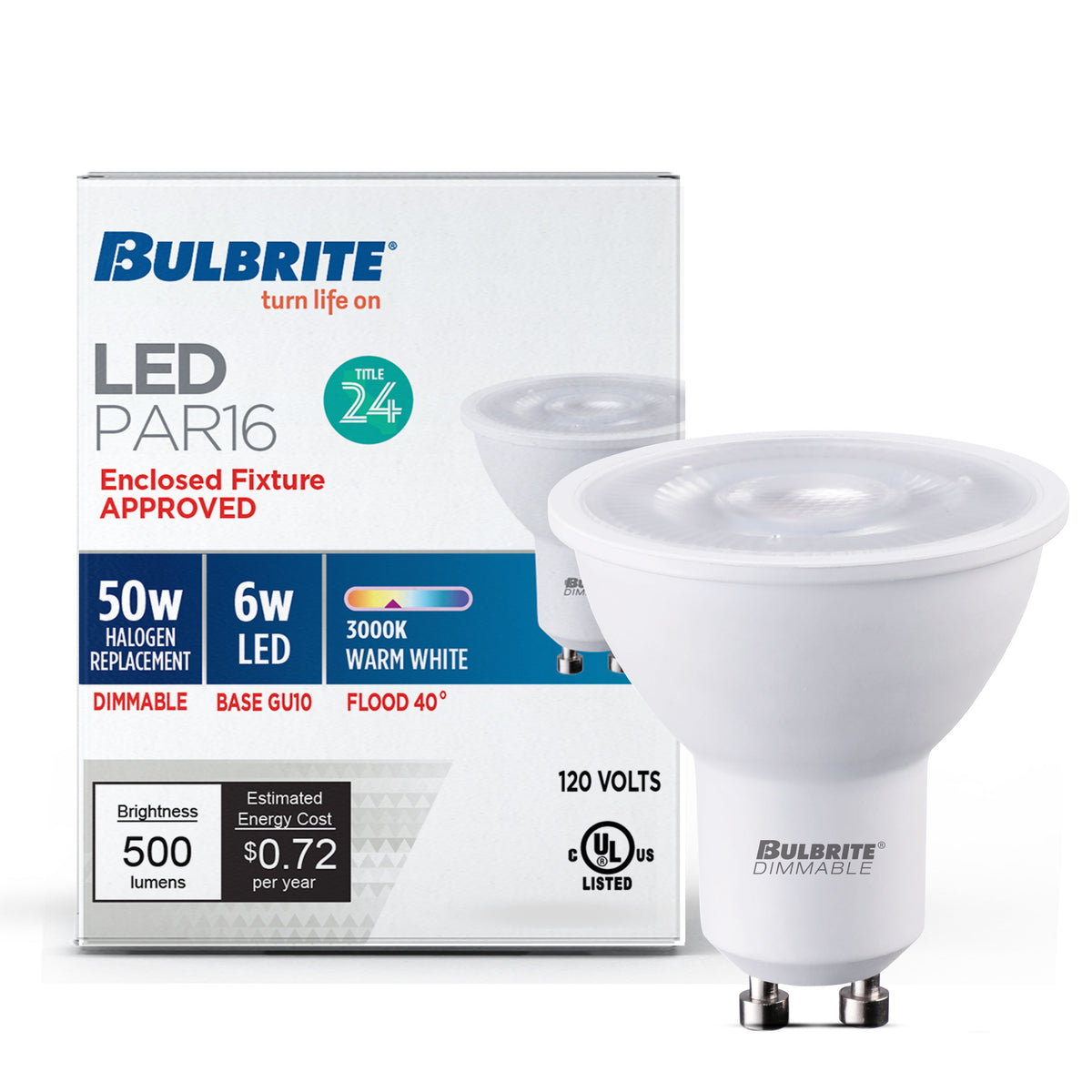 PAR16 Dimmable White LED Light Bulb with GU10 Base, 3000K, 500 Lumens, 4-Pack