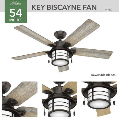 54 inch Key Biscayne Onyx Bengal Damp Rated Ceiling Fan with LED Light Kit and Pull Chain