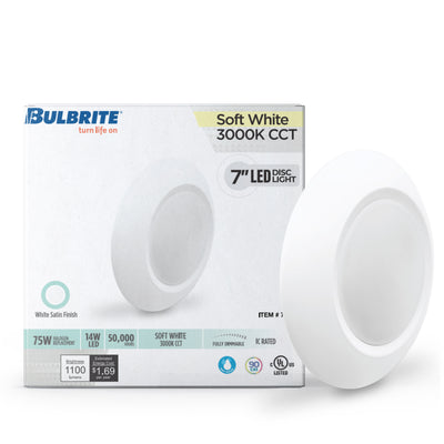 7-inch White 14W Dimmable LED Disc Downlight, 3000K, 1100 Lumens, 6-Pack