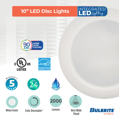 10-inch White 25W Dimmable LED Disc Downlight, 3000K, 2000 Lumens