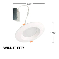 4-inch White Round - Smooth Trim - Regressed 12W Dimmable LED J-Box Recessed Downlight, 5 CCT - 27/30/35/40/50K, 1100 Lumens