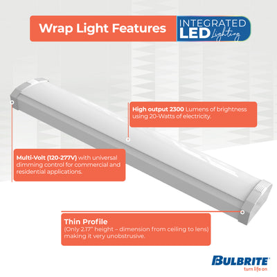 2-foot White 20W Dimmable LED Wraparound Utility Light, 5 CCT - 27/30/35/40/50K, 2300 Lumens
