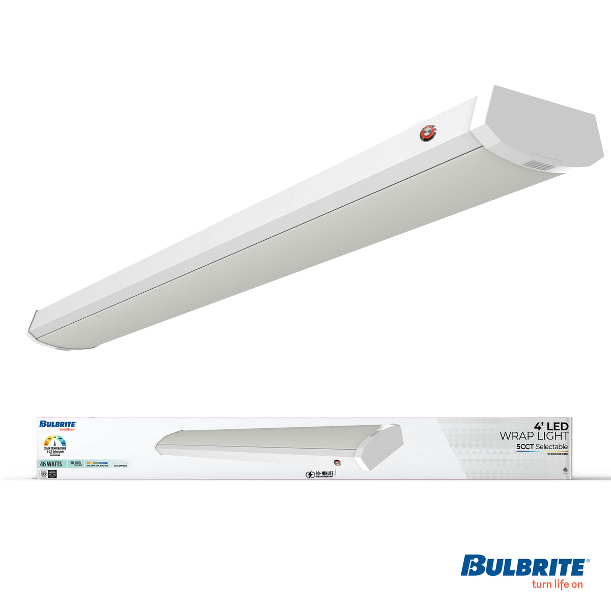4-foot White 46W Dimmable LED Wraparound Utility Light, 3000K, 5300 Lumens, Battery Backup