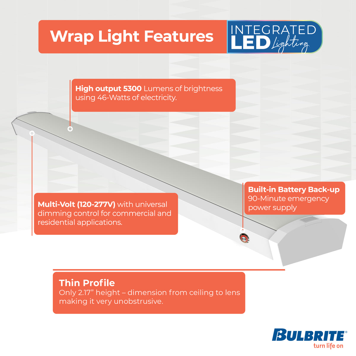 4-foot White 46W Dimmable LED Wraparound Utility Light, 3000K, 5300 Lumens, Battery Backup