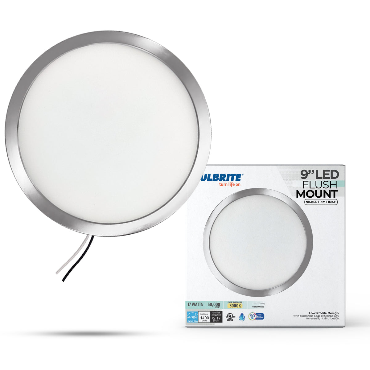 9-inch Nickel 17W Dimmable LED Flush Mount Ceiling Light, 3000K, 1400 Lumens