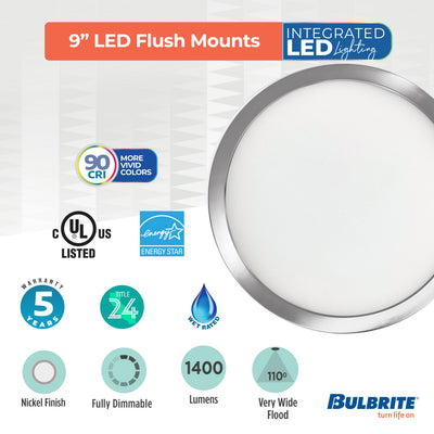 9-inch Nickel 17W Dimmable LED Flush Mount Ceiling Light, 3000K, 1400 Lumens