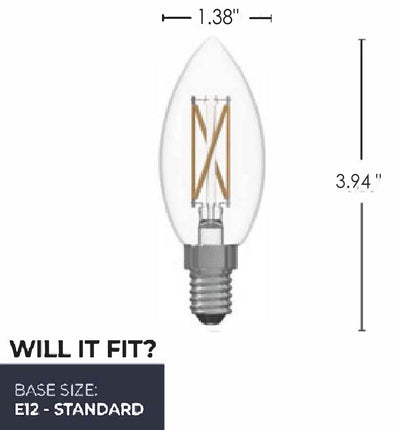 B11 4.1W Dimmable Clear Filament LED Light Bulb with E12 Base, 3000K, 400 Lumens, 8-Pack