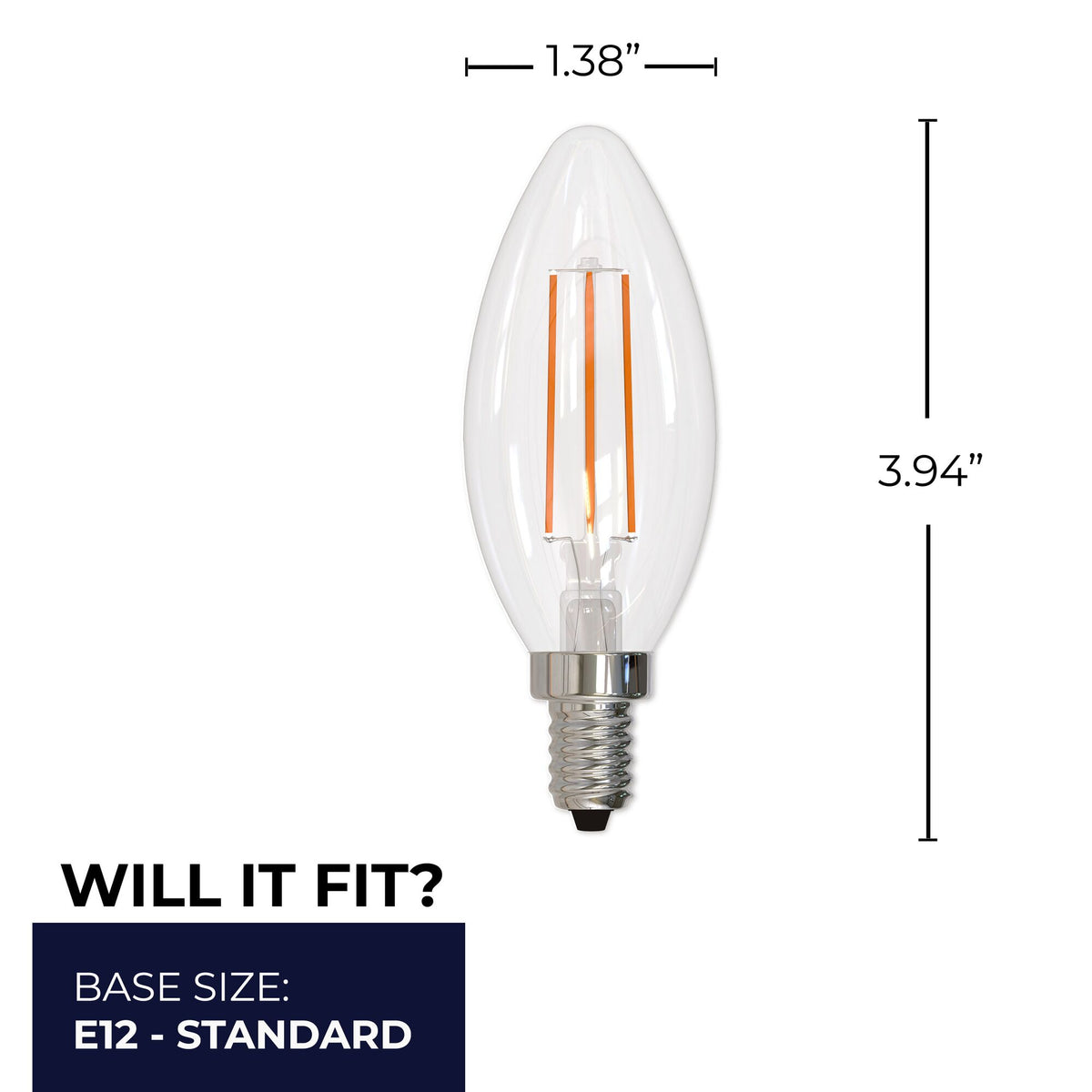 B11 5.1W Dimmable Clear Filament LED Light Bulb with E12 Base, 2700K, 500 Lumens, 4-Pack