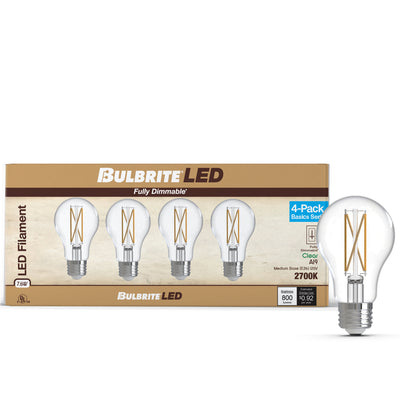 A19 7.6W Dimmable Clear Filament LED Light Bulb with E26 Base, 2700K, 800 Lumens, 4-Pack
