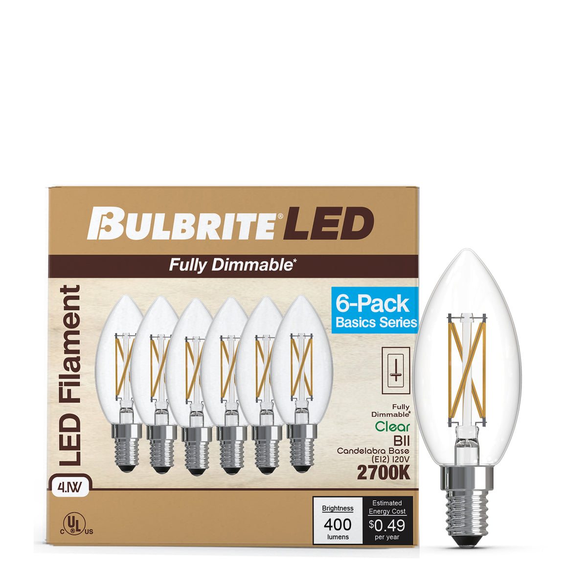 B11 4.1W Dimmable Clear Filament LED Light Bulb with E12 Base, 2700K, 400 Lumens, 6-Pack
