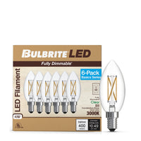 B11 4.1W Dimmable Clear Filament LED Light Bulb with E12 Base, 3000K, 400 Lumens, 6-Pack